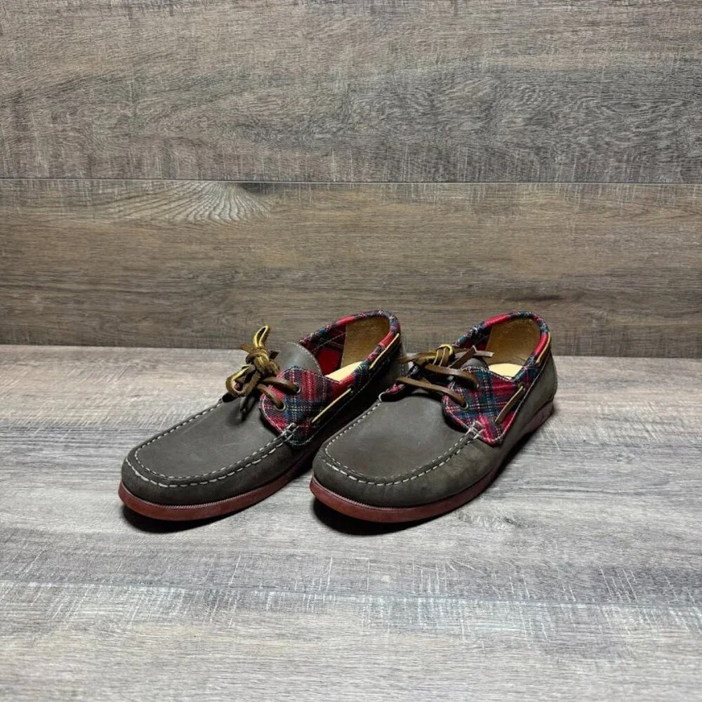 Jack Rogers Easton Brown Leather Plaid Boat Shoes Men's Size 8.5